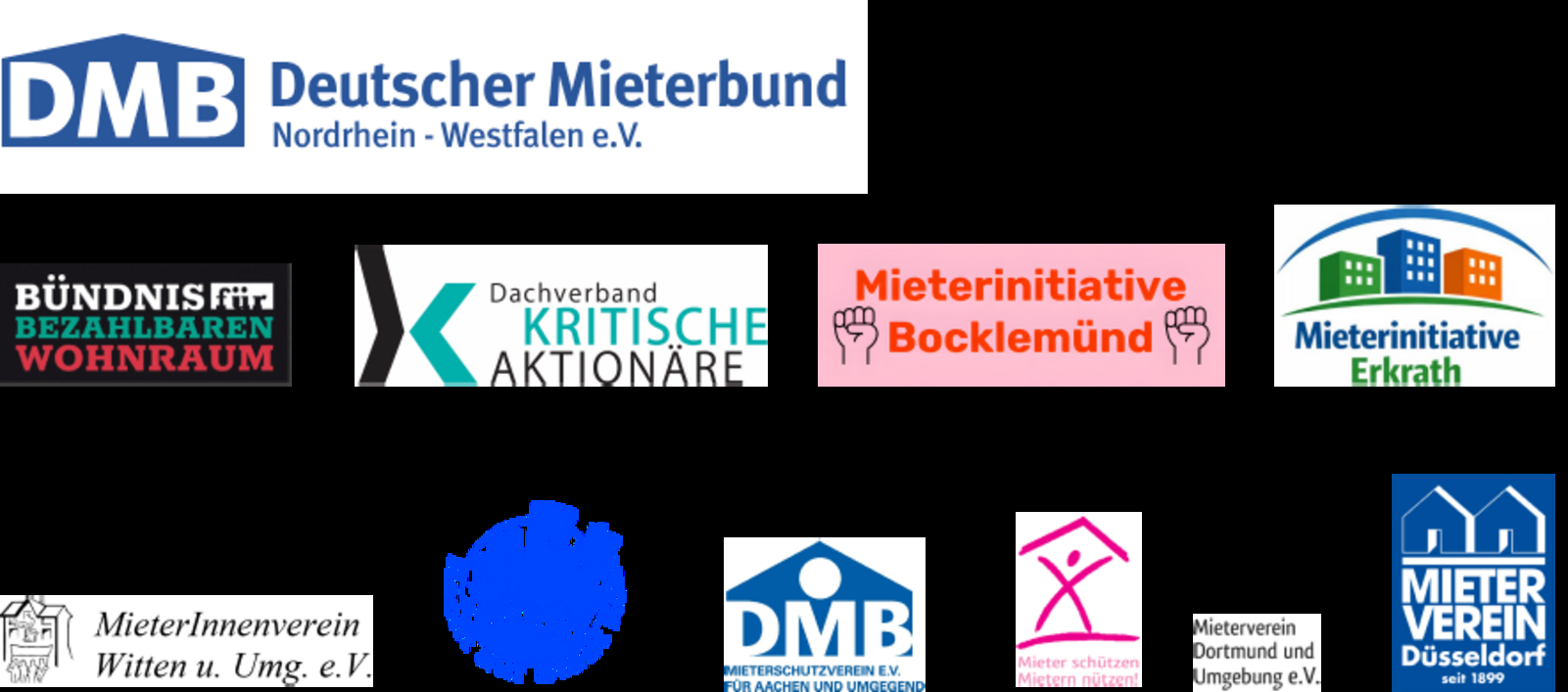 Logos der teilnehmenden Organisationen: DMB NRW e.V.,k Bündnis für bezahlbaren Wohnraum, Dachverband Krititsche Aktioniäre, Mieterinitiative Bocklemnünd, Mieterinitiative Erkrath, MieterInnenverein Witten u. Umg. e.V., Recht auf Stadt. Köln, Mieterschutzverein Aachen und Umgebung e.V., Mieterverein Dortmund und Umgebung e.V., Mieterverein Düsseldorf